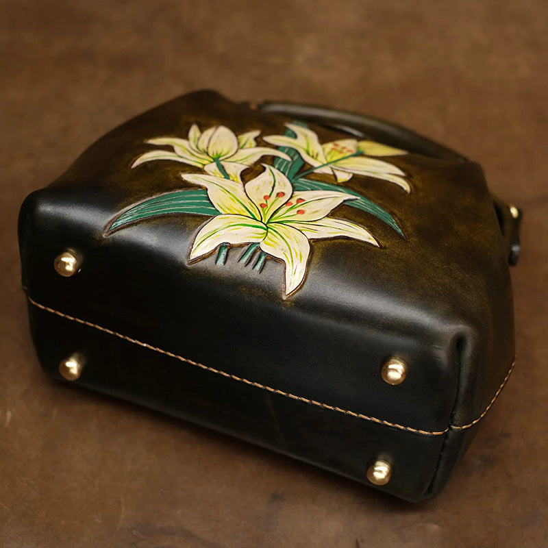 Hand-Tooled Leather Lily Doctor Bag Olive Brown Crossbody Purse