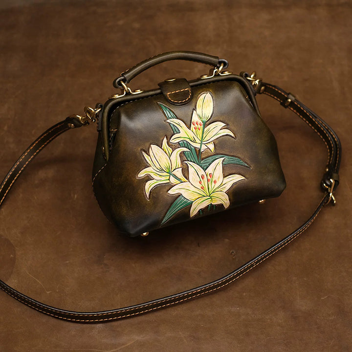 Hand-Tooled Leather Lily Doctor Bag Olive Brown Crossbody Purse