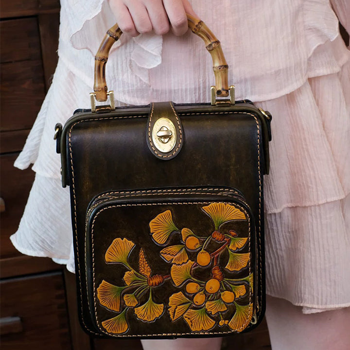Mini Leather Backpack with Hand-Tooled Ginkgo Leaves and Bamboo Handle