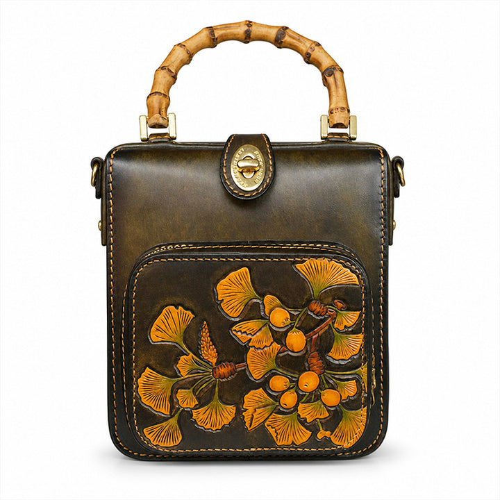 Mini Leather Backpack with Hand-Tooled Ginkgo Leaves and Bamboo Handle
