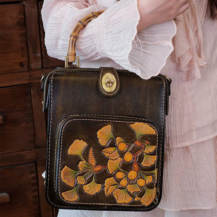 Mini Leather Backpack with Hand-Tooled Ginkgo Leaves and Bamboo Handle