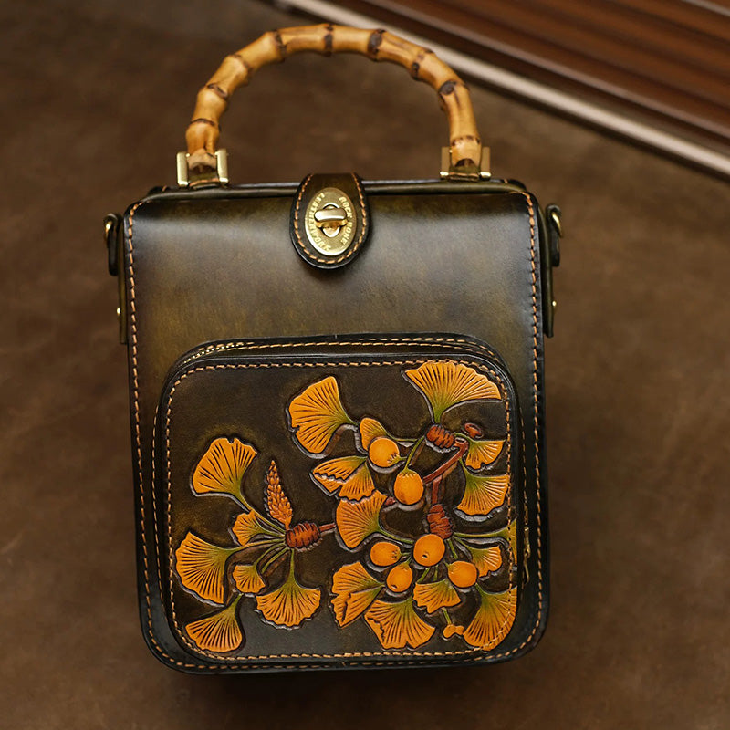 Mini Leather Backpack with Hand-Tooled Ginkgo Leaves and Bamboo Handle
