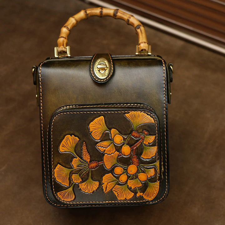 Mini Leather Backpack with Hand-Tooled Ginkgo Leaves and Bamboo Handle
