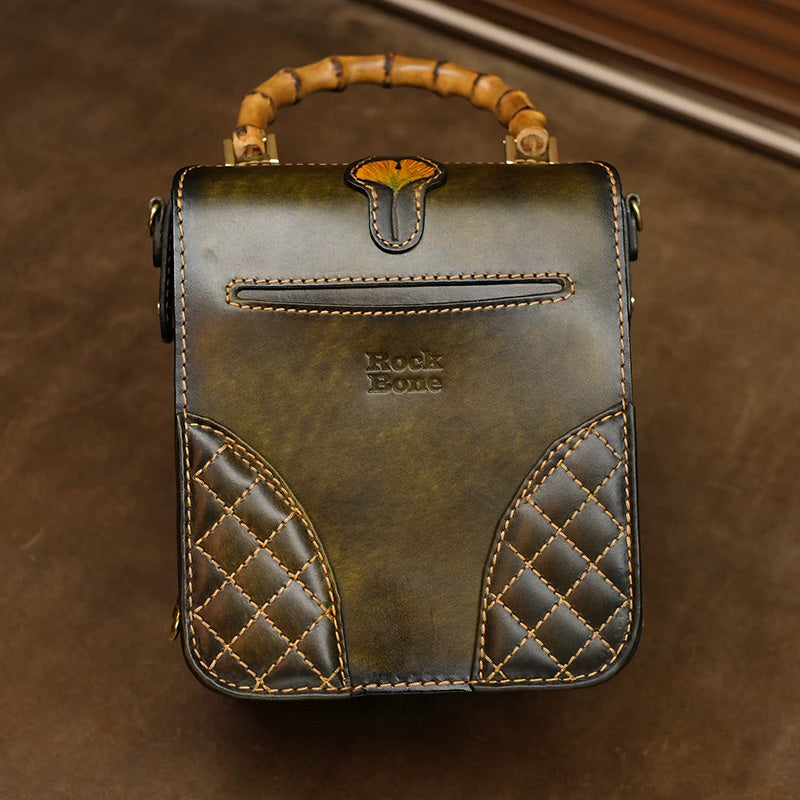 Mini Leather Backpack with Hand-Tooled Ginkgo Leaves and Bamboo Handle
