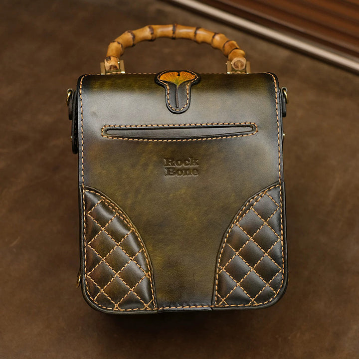 Mini Leather Backpack with Hand-Tooled Ginkgo Leaves and Bamboo Handle
