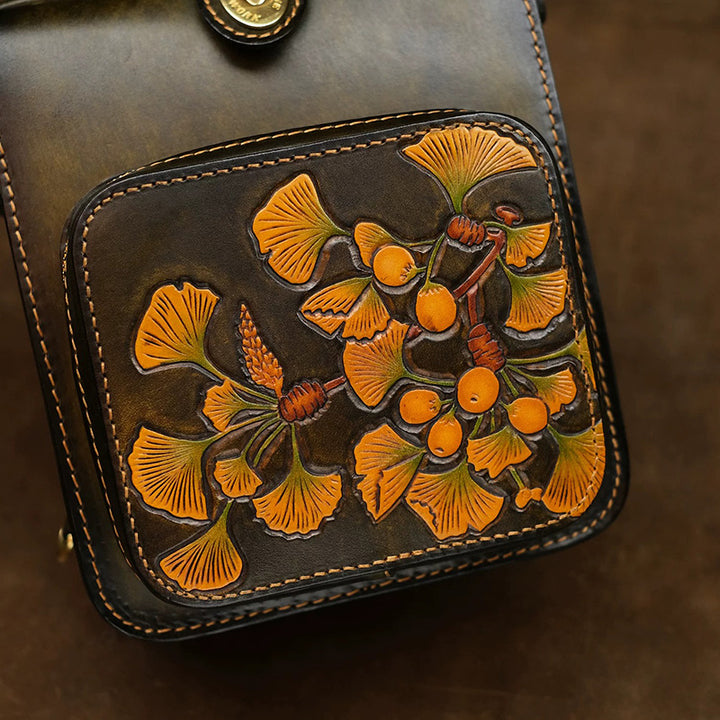 Mini Leather Backpack with Hand-Tooled Ginkgo Leaves and Bamboo Handle