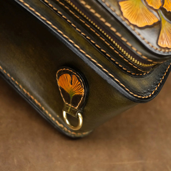 Mini Leather Backpack with Hand-Tooled Ginkgo Leaves and Bamboo Handle