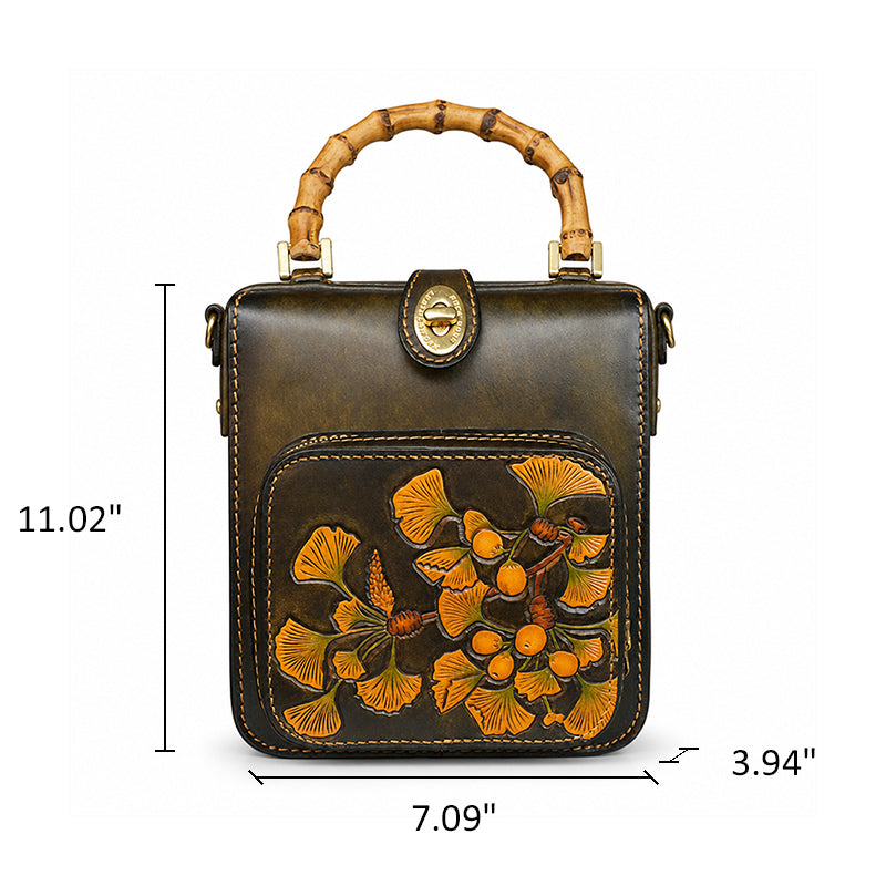 Mini Leather Backpack with Hand-Tooled Ginkgo Leaves and Bamboo Handle