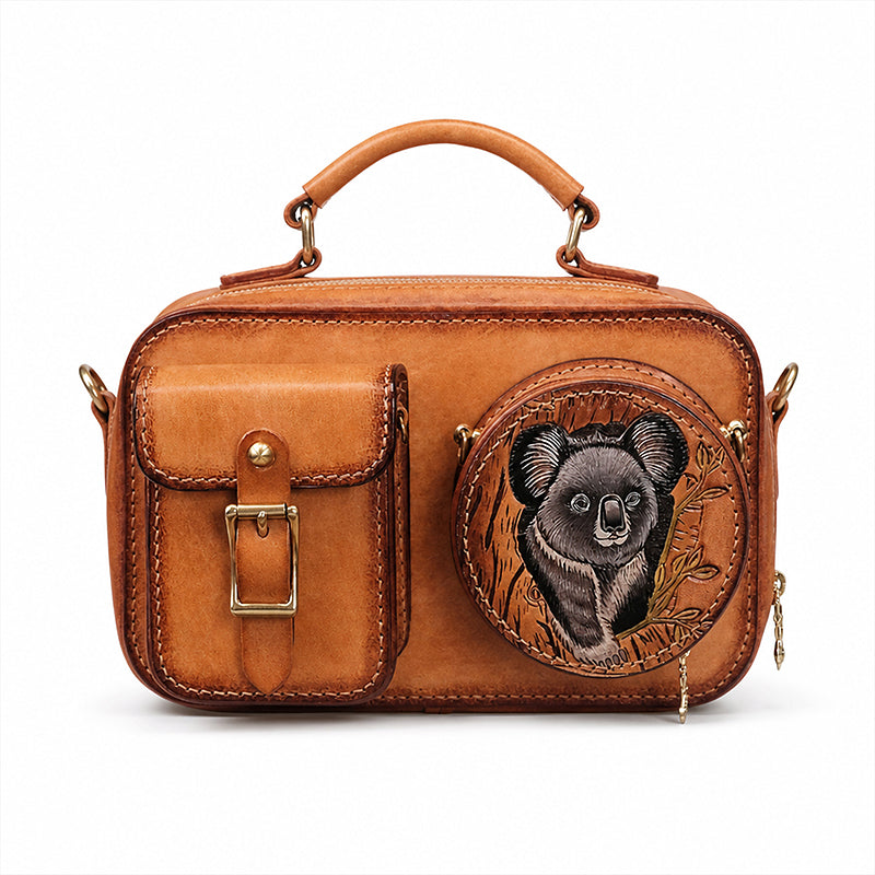 Hand-Tooled Koala Leather Camera Bag Detachable Pouch Crossbody