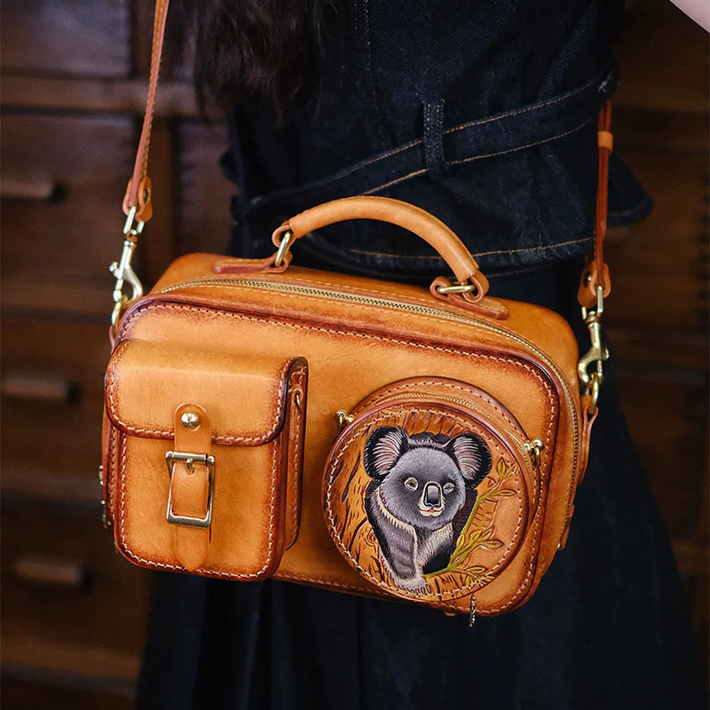 Hand-Tooled Koala Leather Camera Bag Detachable Pouch Crossbody