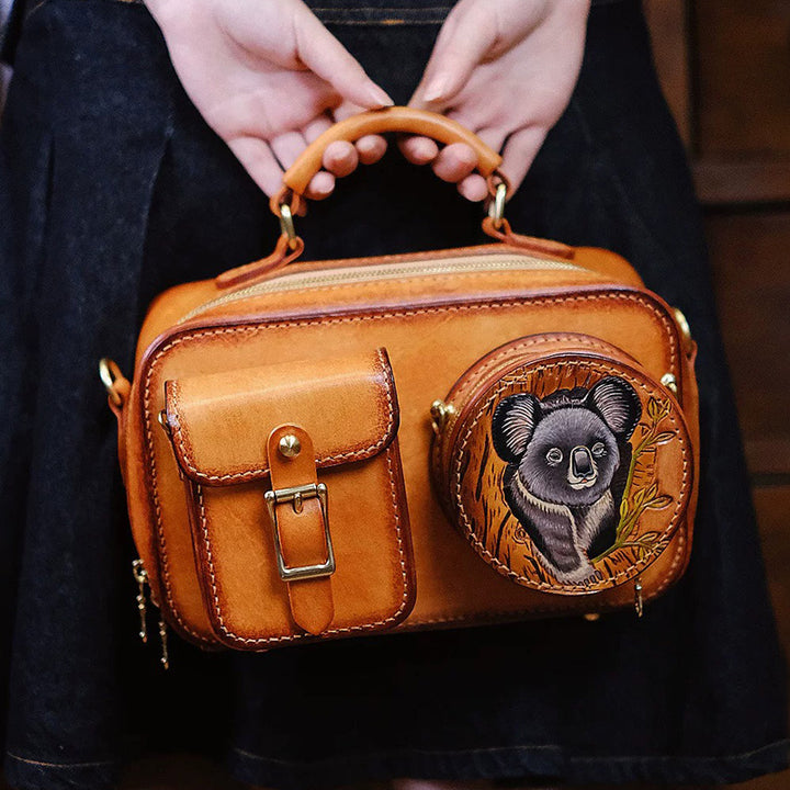 Hand-Tooled Koala Leather Camera Bag Detachable Pouch Crossbody