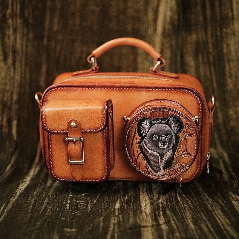 Hand-Tooled Koala Leather Camera Bag Detachable Pouch Crossbody