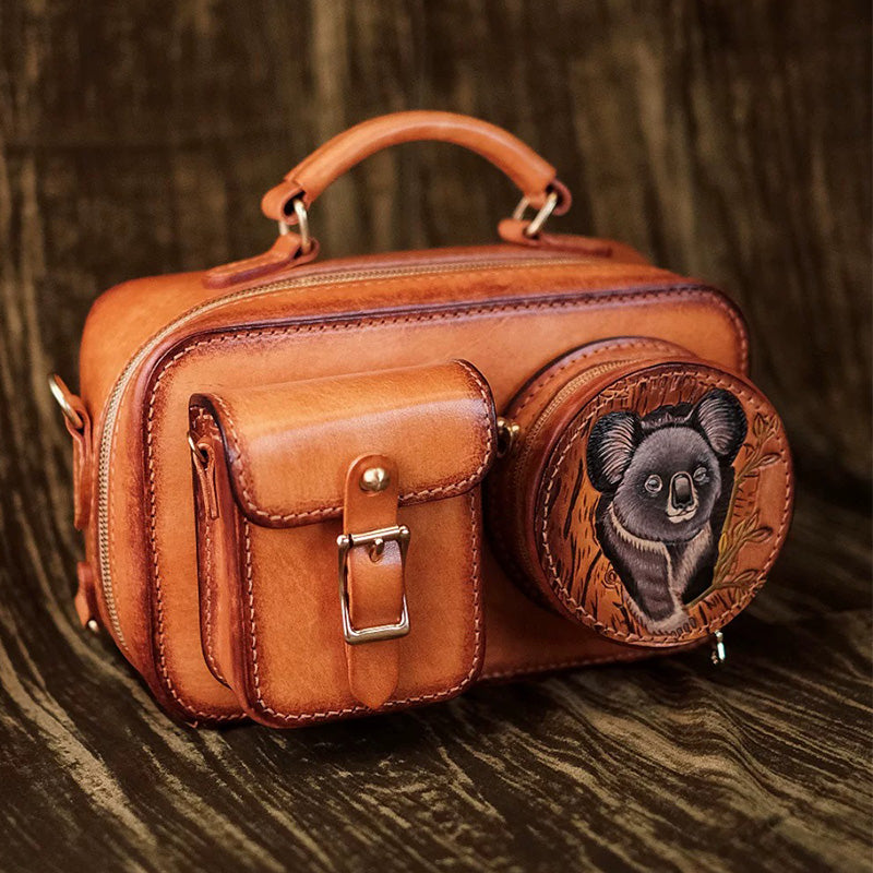 Hand-Tooled Koala Leather Camera Bag Detachable Pouch Crossbody