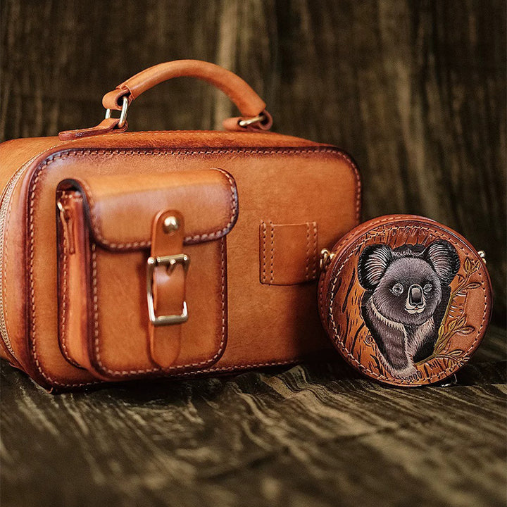 Hand-Tooled Koala Leather Camera Bag Detachable Pouch Crossbody