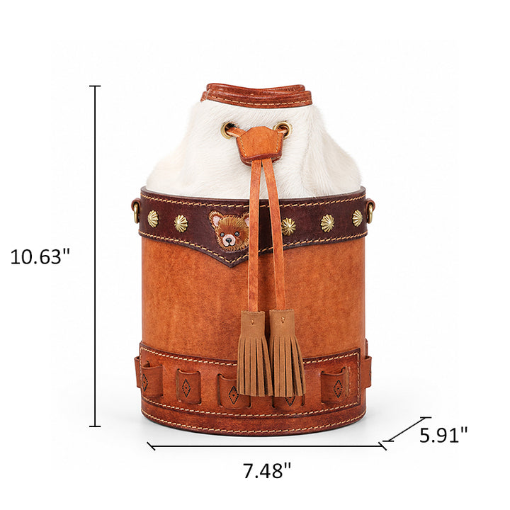 Hair-On Hide Leather Bucket Bag with Hand-Carved Bear Detail
