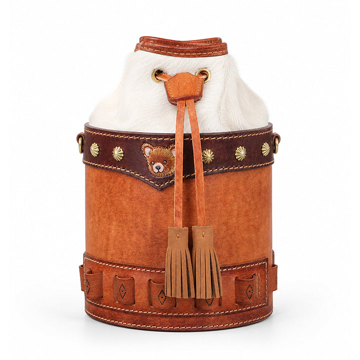 Hair-On Hide Leather Bucket Bag with Hand-Carved Bear Detail
