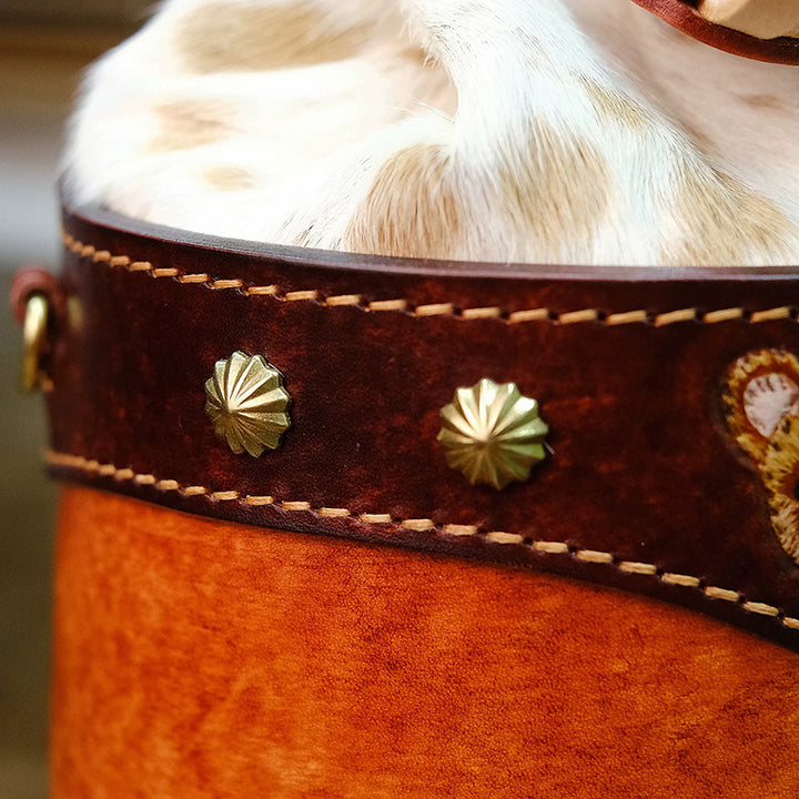 Hair-On Hide Leather Bucket Bag with Hand-Carved Bear Detail