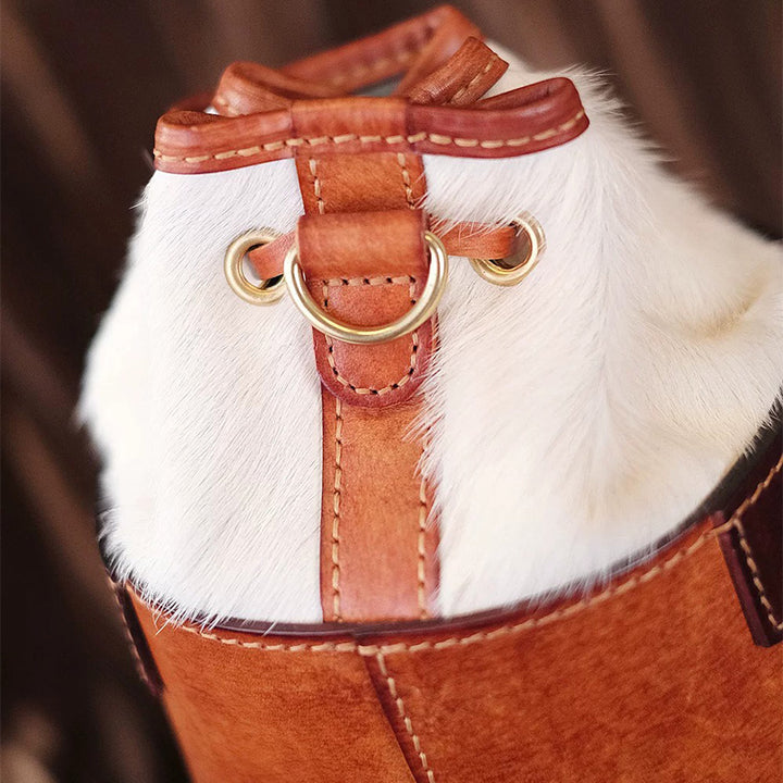 Hair-On Hide Leather Bucket Bag with Hand-Carved Bear Detail