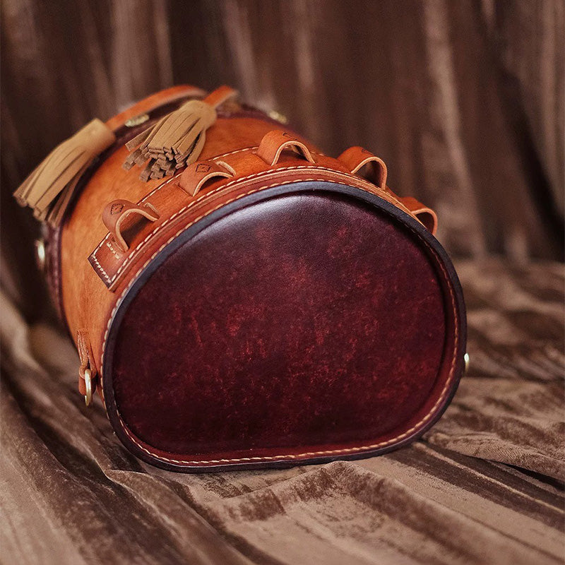 Hair-On Hide Leather Bucket Bag with Hand-Carved Bear Detail