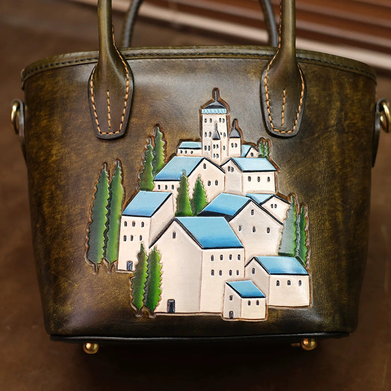 Mini Leather Tote Bag with Hand-Tooled Village Scene