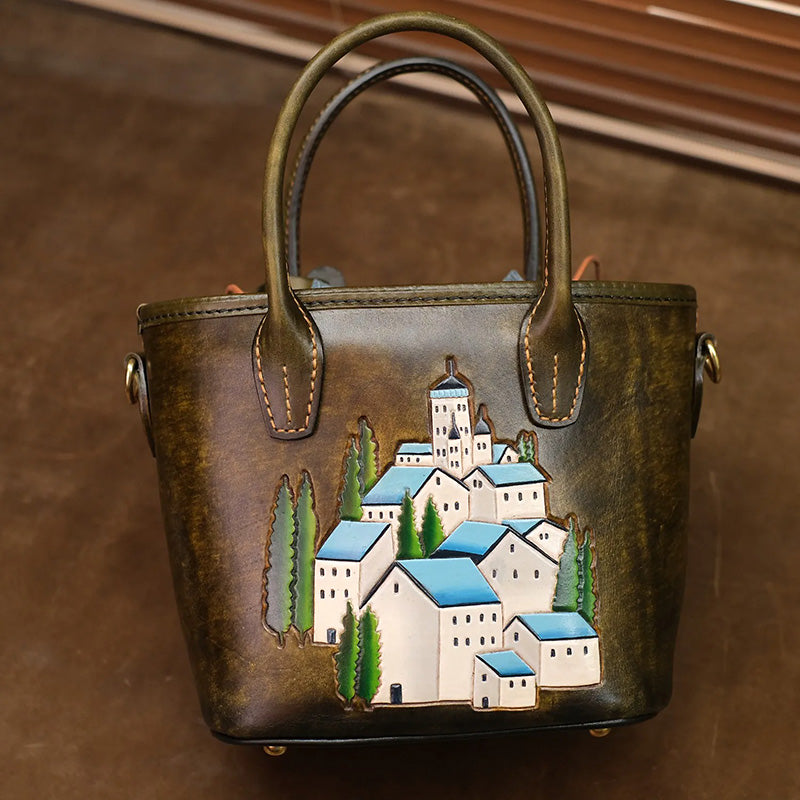Mini Leather Tote Bag with Hand-Tooled Village Scene