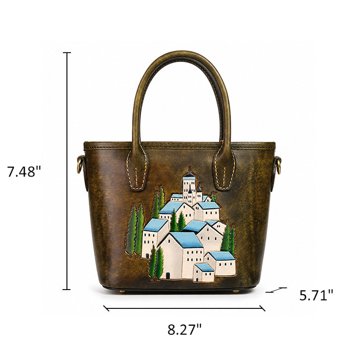 Mini Leather Tote Bag with Hand-Tooled Village Scene