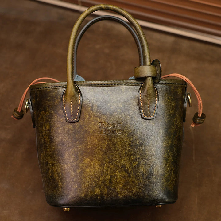 Mini Leather Tote Bag with Hand-Tooled Village Scene