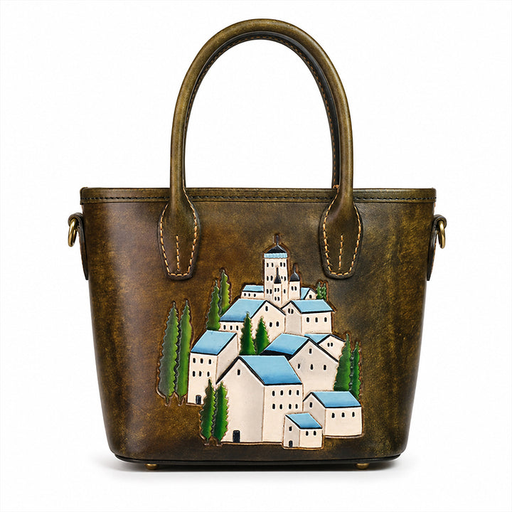Mini Leather Tote Bag with Hand-Tooled Village Scene