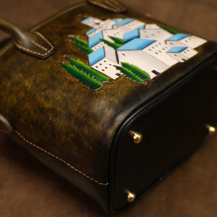 Mini Leather Tote Bag with Hand-Tooled Village Scene