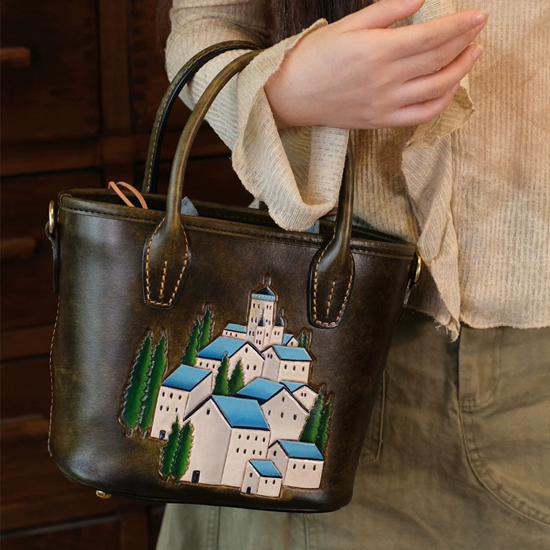 Mini Leather Tote Bag with Hand-Tooled Village Scene
