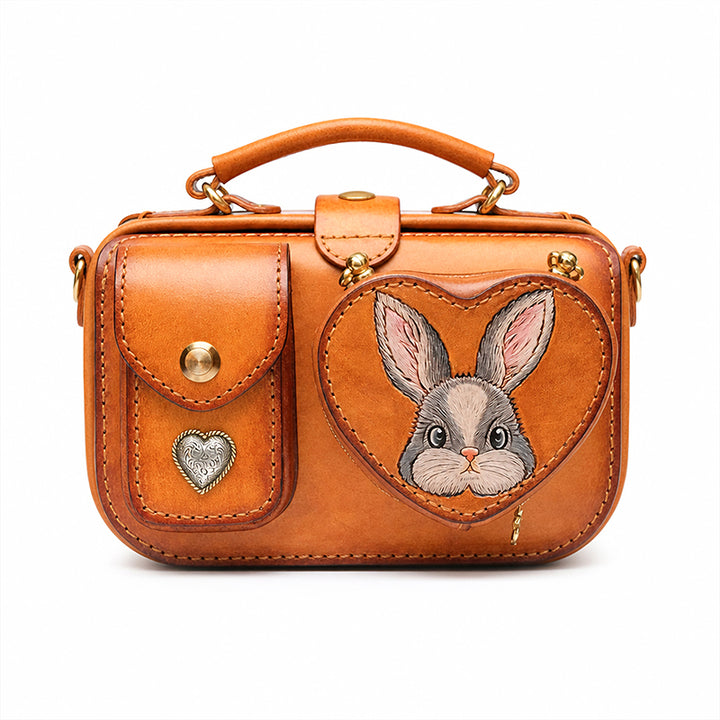 Hand-Tooled Rabbit Leather Camera Bag with Detachable Heart Pouch