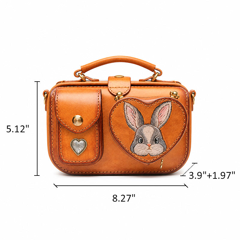 Hand-Tooled Rabbit Leather Camera Bag with Detachable Heart Pouch