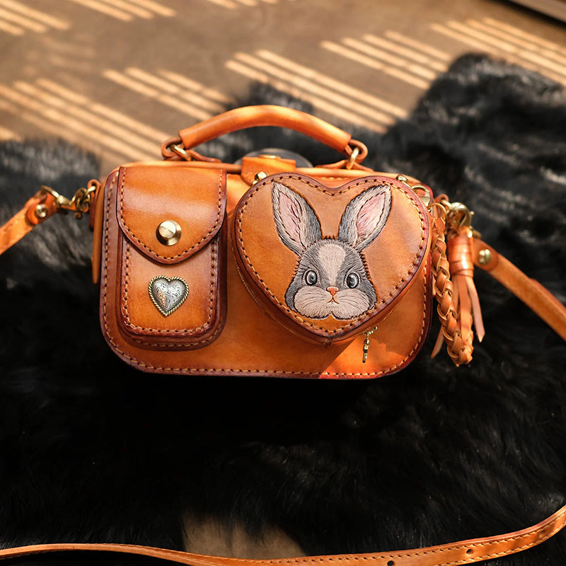Hand-Tooled Rabbit Leather Camera Bag with Detachable Heart Pouch