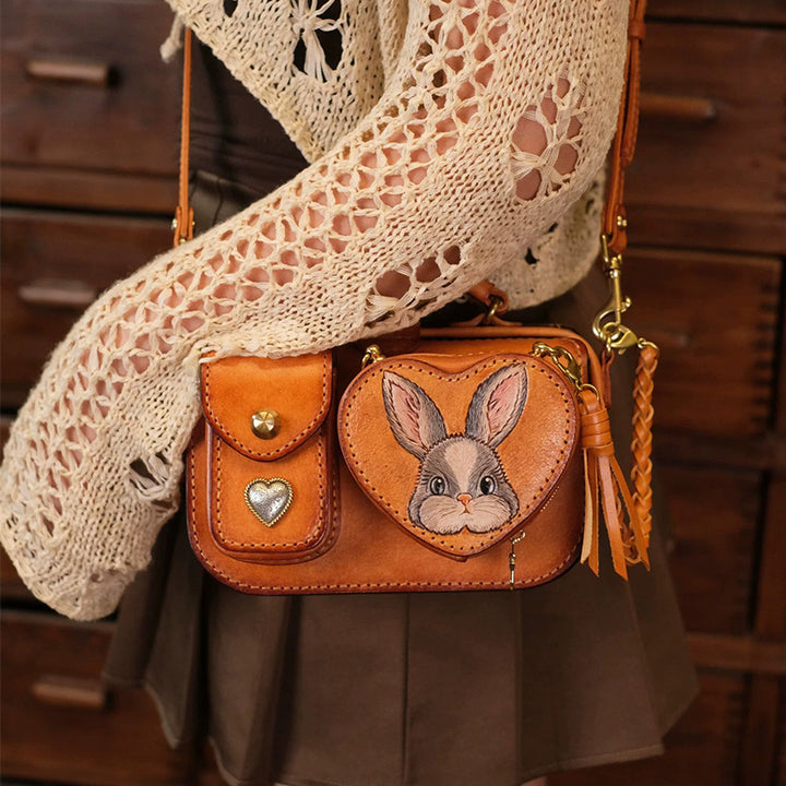 Hand-Tooled Rabbit Leather Camera Bag with Detachable Heart Pouch