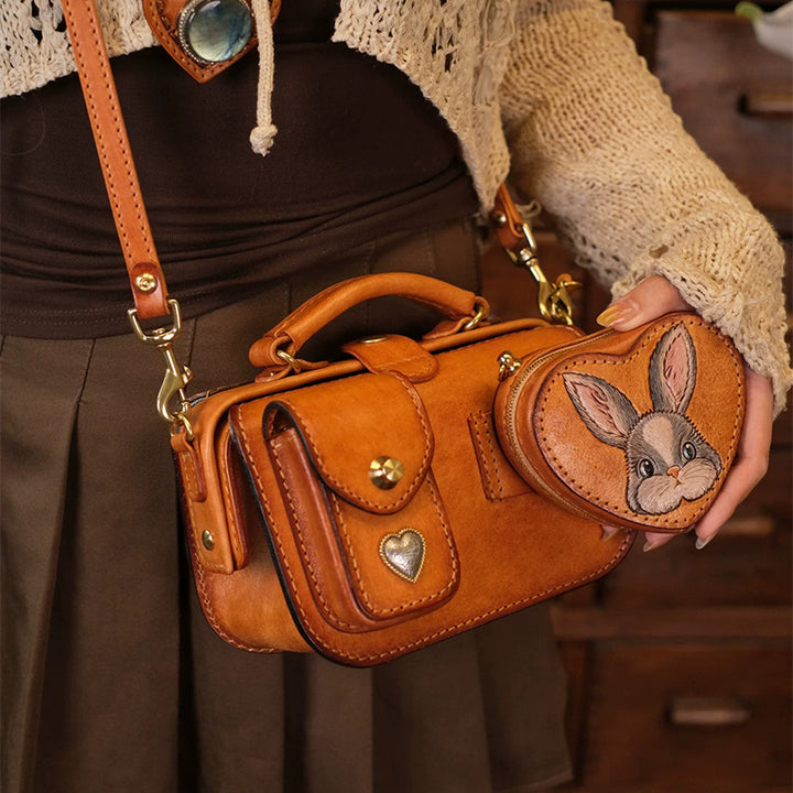Hand-Tooled Rabbit Leather Camera Bag with Detachable Heart Pouch
