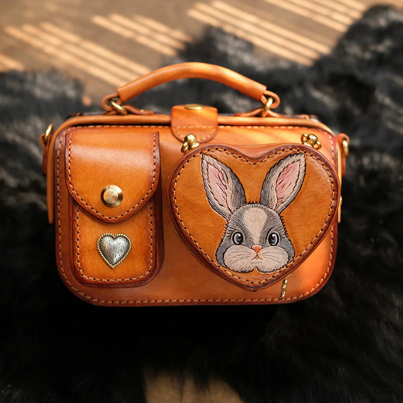 Hand-Tooled Rabbit Leather Camera Bag with Detachable Heart Pouch