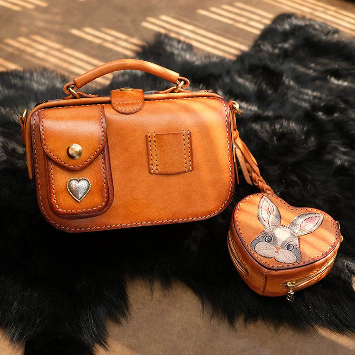 Hand-Tooled Rabbit Leather Camera Bag with Detachable Heart Pouch