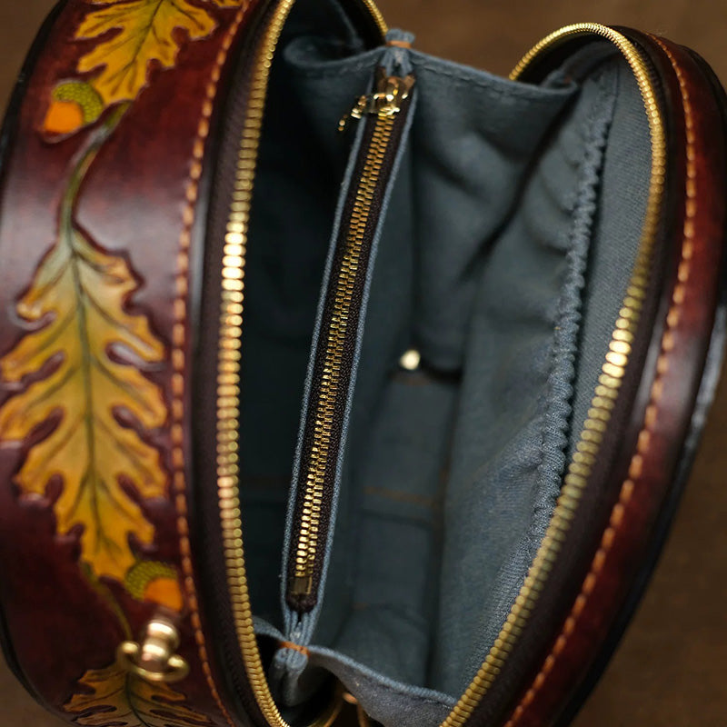 Hand-Tooled Labradorite Leather Round Bag Boho Crossbody Purse