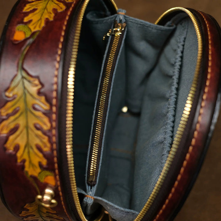 Hand-Tooled Labradorite Leather Round Bag Boho Crossbody Purse