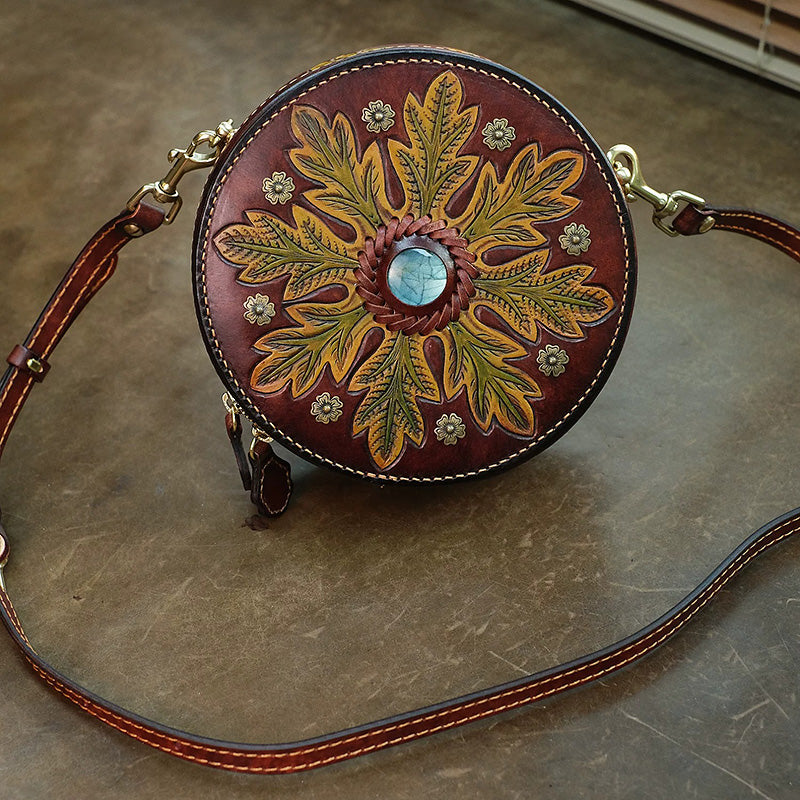 Hand-Tooled Labradorite Leather Round Bag Boho Crossbody Purse