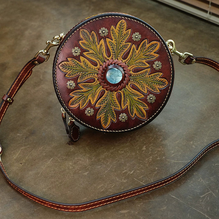 Hand-Tooled Labradorite Leather Round Bag Boho Crossbody Purse