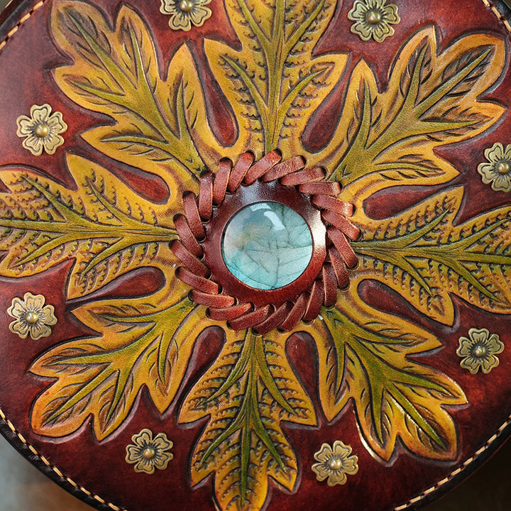 Hand-Tooled Labradorite Leather Round Bag Boho Crossbody Purse