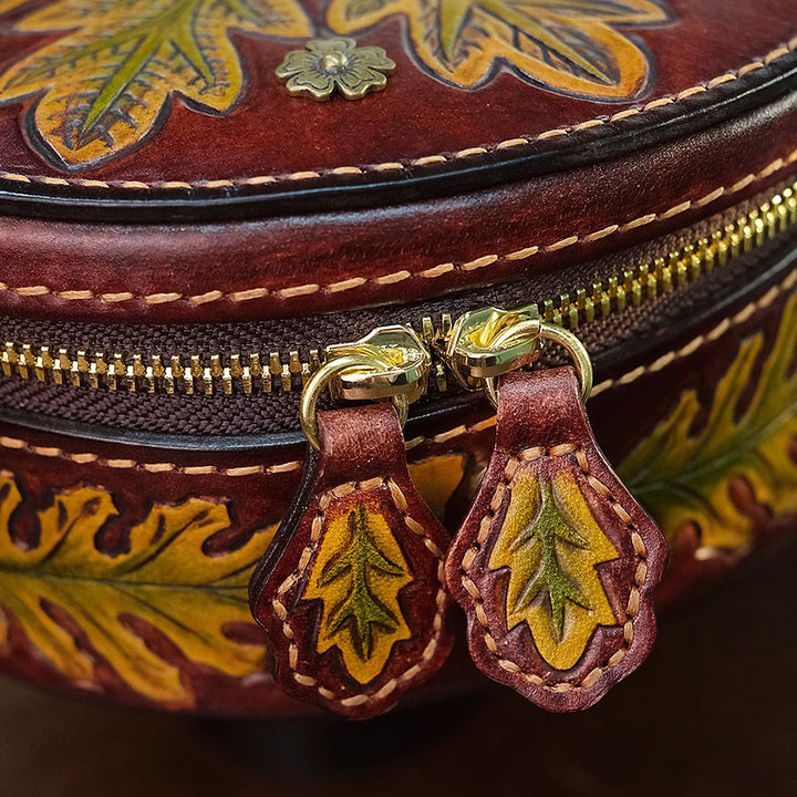 Hand-Tooled Labradorite Leather Round Bag Boho Crossbody Purse