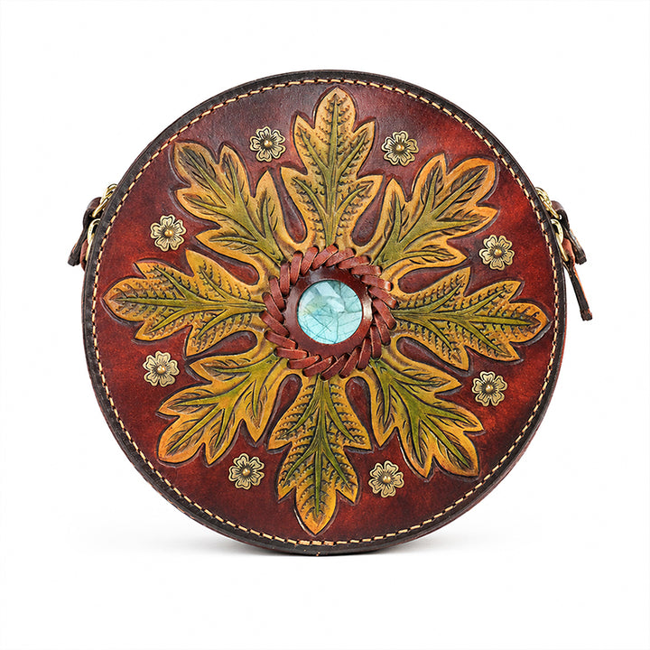 Hand-Tooled Labradorite Leather Round Bag Boho Crossbody Purse