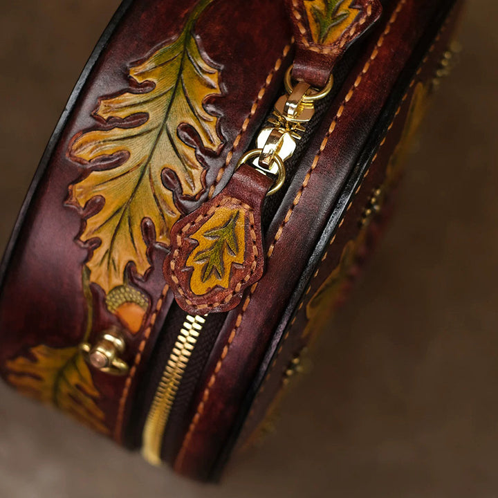 Hand-Tooled Labradorite Leather Round Bag Boho Crossbody Purse