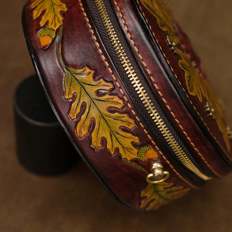 Hand-Tooled Labradorite Leather Round Bag Boho Crossbody Purse