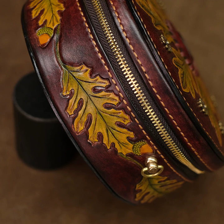 Hand-Tooled Labradorite Leather Round Bag Boho Crossbody Purse