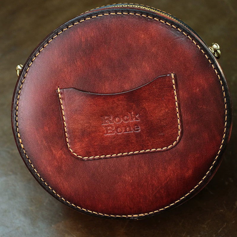 Hand-Tooled Labradorite Leather Round Bag Boho Crossbody Purse