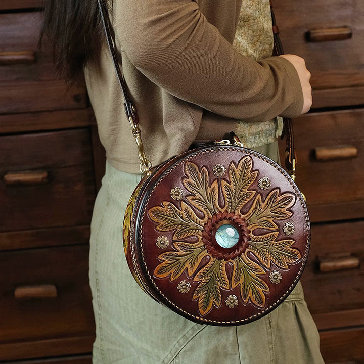 Hand-Tooled Labradorite Leather Round Bag Boho Crossbody Purse