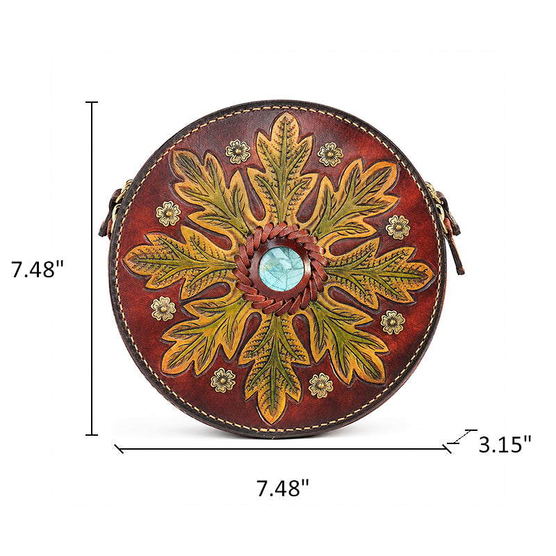 Hand-Tooled Labradorite Leather Round Bag Boho Crossbody Purse